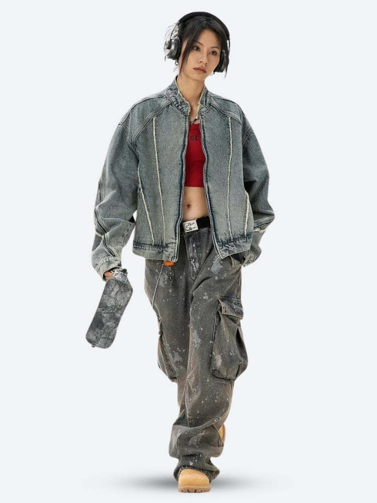 Cyberpunk Y2K Denim Jacket - Aesthetic Style for Trendy Outfits