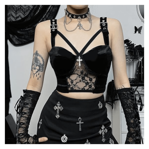 Dark Goth Velvet Crop Top - Y2K Aesthetic Clothing for Unique Styles