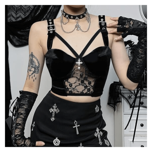 Dark Goth Velvet Crop Top - Y2K Aesthetic Clothing for Unique Styles