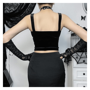 Dark Goth Velvet Crop Top - Y2K Aesthetic Clothing for Unique Styles