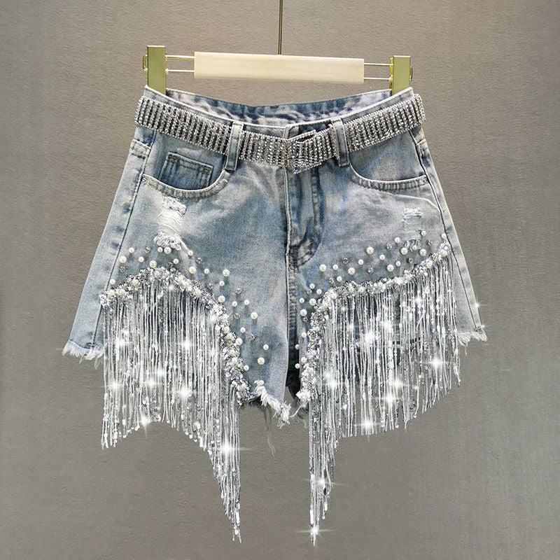 Disco Cowgirl Rhinestone Fringe Denim Shorts - Y2K Aesthetic Style