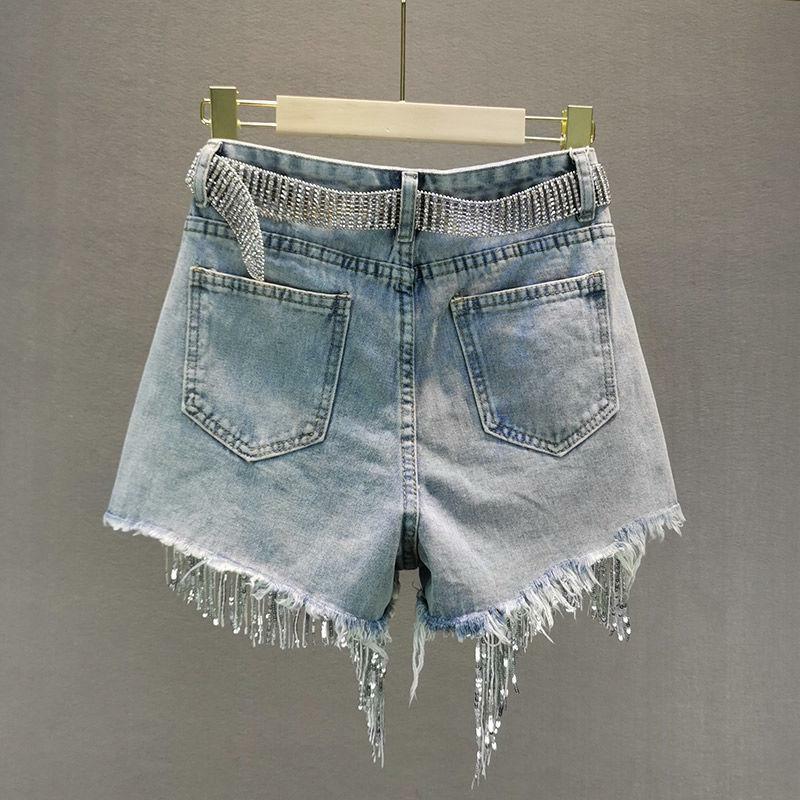 Disco Cowgirl Rhinestone Fringe Denim Shorts - Y2K Aesthetic Style