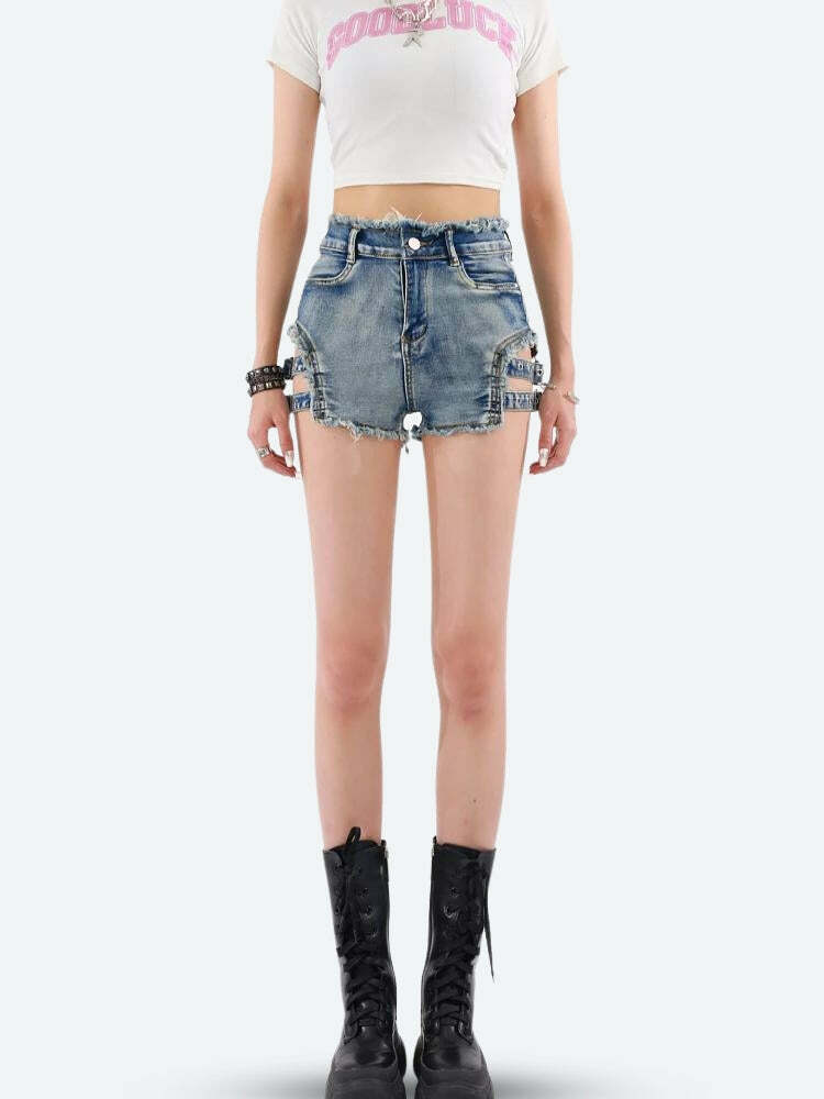 Distressed Cut Out Denim Shorts - Y2K Aesthetic & Coquette Style