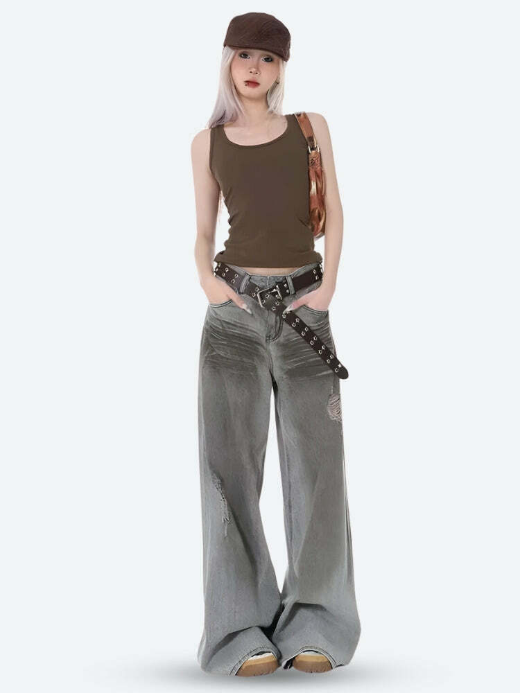 Distressed Wide Leg Jeans - Y2K Aesthetic Clothing for Trendy Outfits