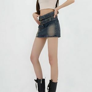 Double Belted Denim Mini Skort - Y2K Coquette Aesthetic Outfit