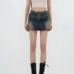 Double Belted Denim Mini Skort - Y2K Coquette Aesthetic Outfit