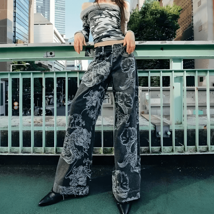 Dragon Printed Y2K Jeans - Trendy Aesthetic Clothing for Unique Styles