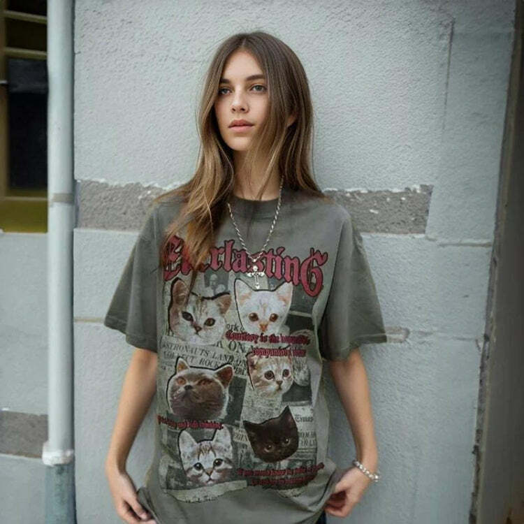 Everlasting Cats Tee: Y2K Aesthetic Graphic Top for Unique Styles