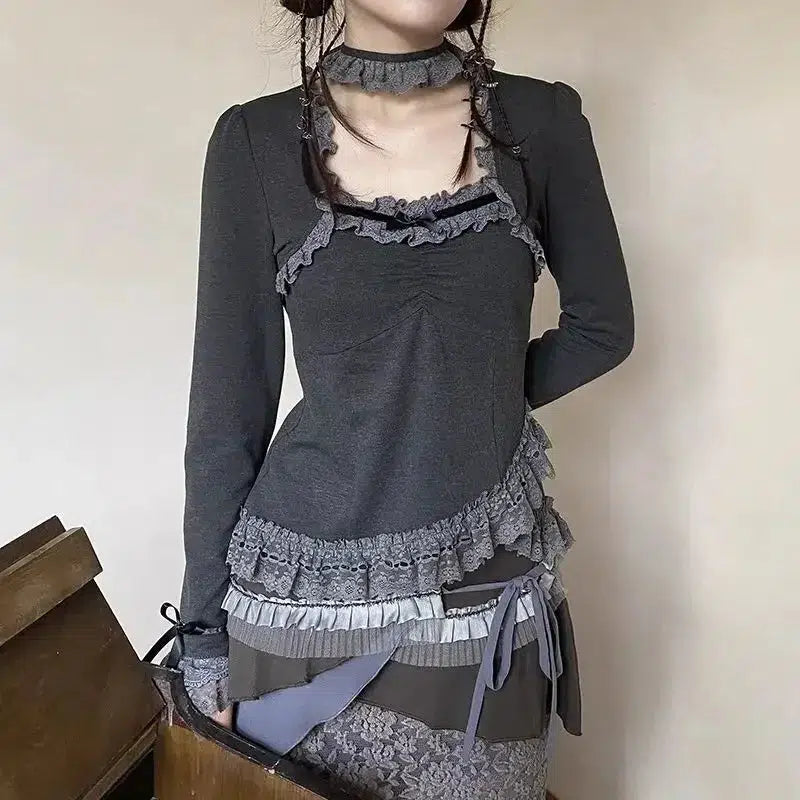 Fairy Grunge Asymmetric Lace Top - Y2K Aesthetic Clothing for Unique Styles