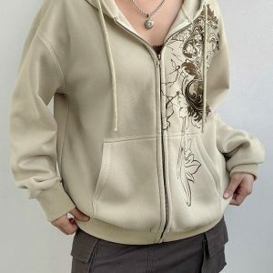 Fairy Grunge Floral Zip-Up Hoodie - Y2K Aesthetic Clothing for Unique Styles