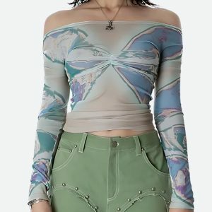 Fairycore Butterfly Mesh Top - Y2K Aesthetic Clothing for Unique Styles