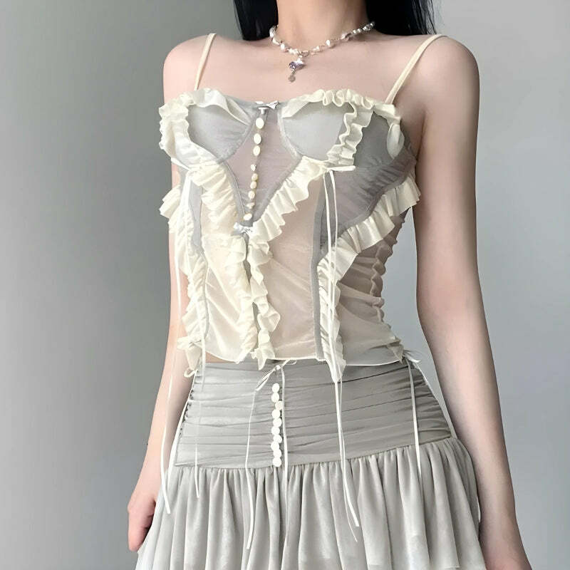 Fairycore Ruffled Mesh Corset Top - Y2K Aesthetic Coquette Style