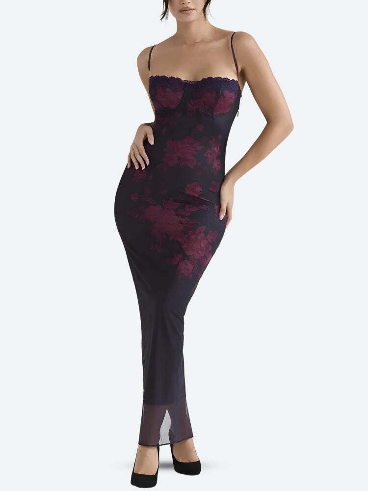 Floral Lace-Up Mesh Maxi Dress - Y2K Coquette Aesthetic Fashion