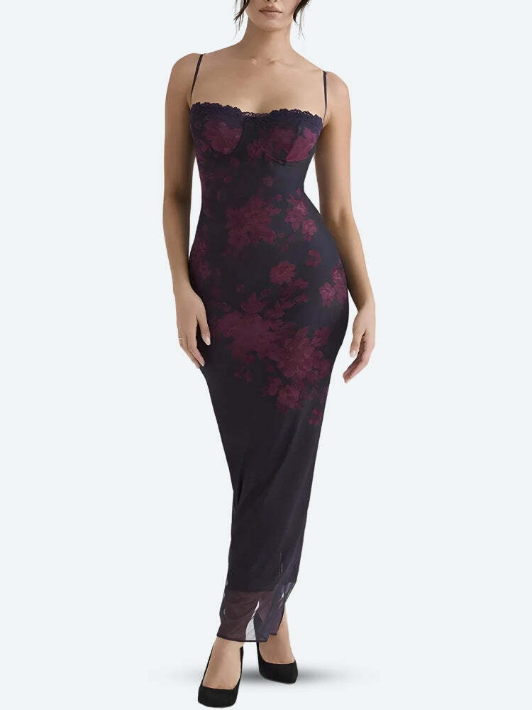 Floral Lace-Up Mesh Maxi Dress - Y2K Coquette Aesthetic Fashion