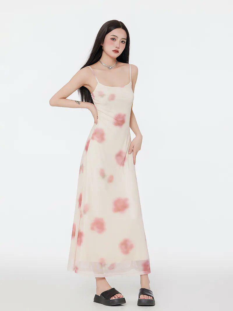 Floral Mesh Spaghetti Strap Maxi Dress - Y2K Coquette Aesthetic Style