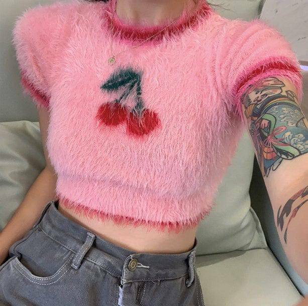 Fluffy Cherry Crop Top - Y2K Aesthetic Coquette Style Clothing