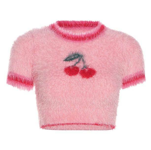 Fluffy Cherry Crop Top - Y2K Aesthetic Coquette Style Clothing