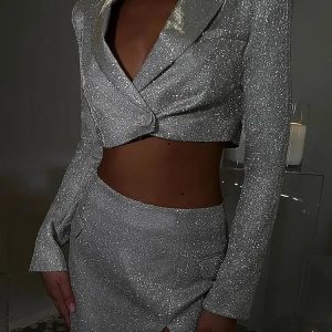 Glittery Y2K Crop Jacket & Mini Skirt Set for Aesthetic Outfits