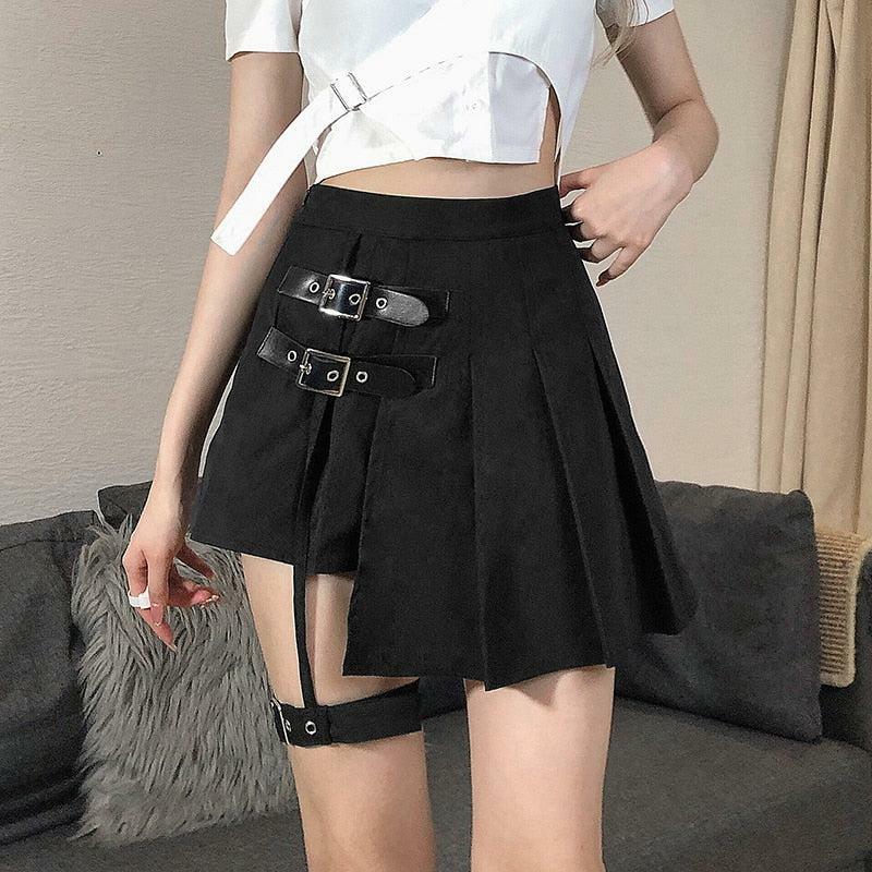 Goth Belt Detail Mini Skirt - Y2K Coquette Aesthetic Clothing