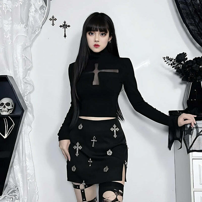 Goth Cross Cut Out Top - Y2K Aesthetic Clothing for Unique Styles