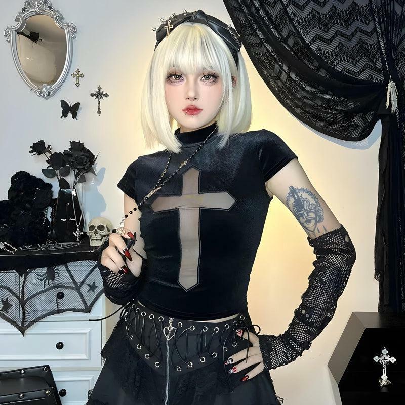 Goth Cross Cut Out Velvet Top - Y2K Aesthetic Clothing for Unique Styles