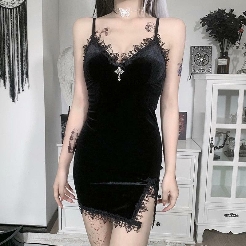 Goth Cross Detail Mini Dress - Y2K Aesthetic Clothing for Unique Styles