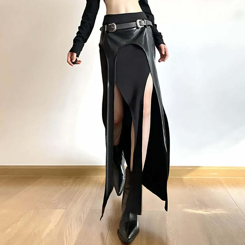 Goth Double Slit Maxi Skirt - Y2K Aesthetic Clothing for Unique Styles