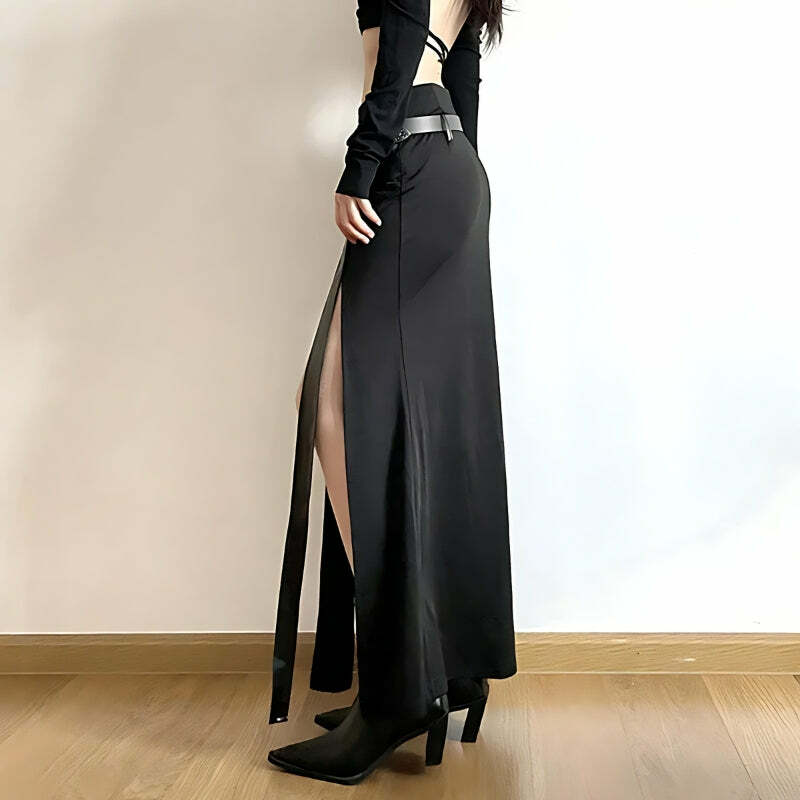 Goth Double Slit Maxi Skirt - Y2K Aesthetic Clothing for Unique Styles