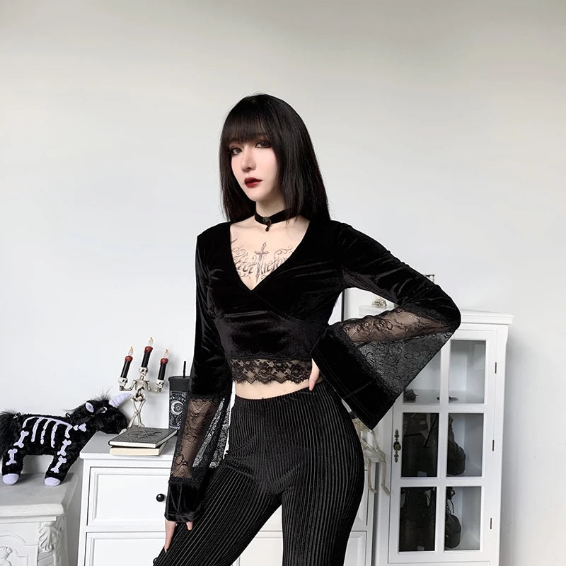 Goth Lace Flare Cuffs Crop Top - Y2K Aesthetic Clothing for Unique Styles