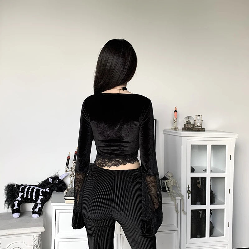 Goth Lace Flare Cuffs Crop Top - Y2K Aesthetic Clothing for Unique Styles