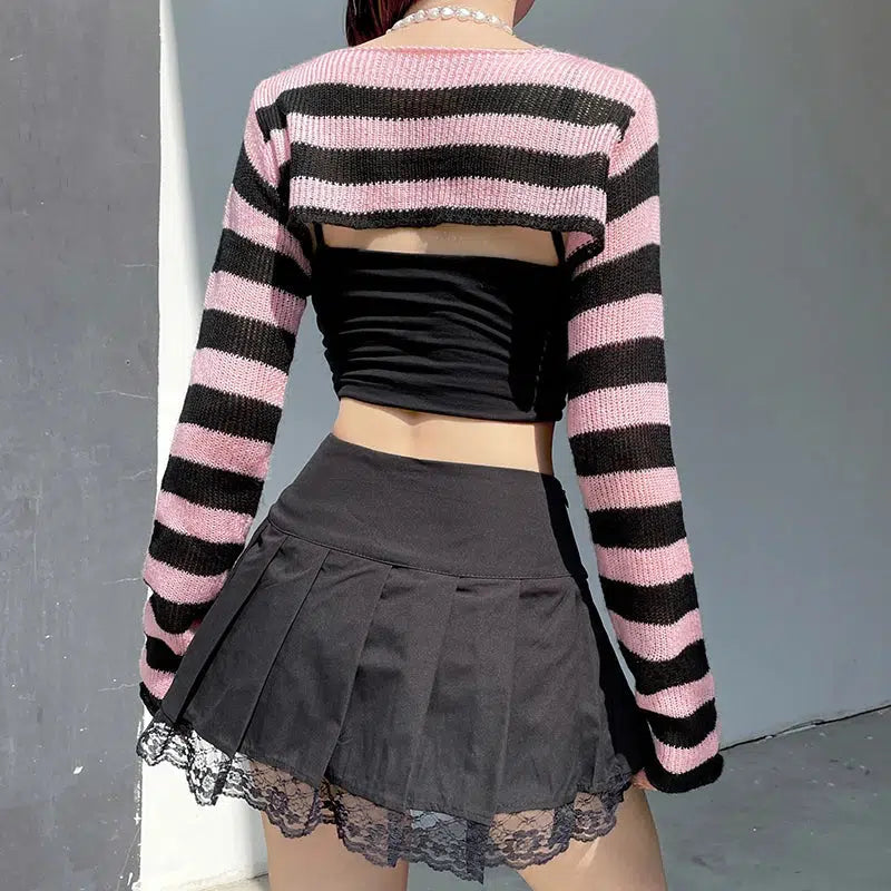 Goth Striped Knitted Shrug Sweater - Y2K Aesthetic Clothing Essential