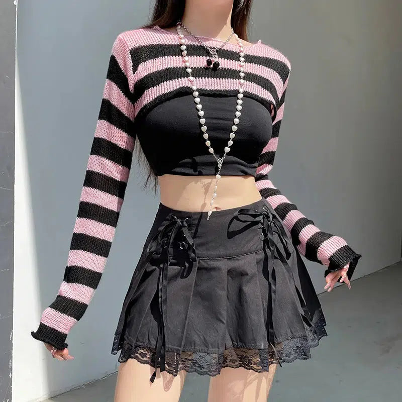 Goth Striped Knitted Shrug Sweater - Y2K Aesthetic Clothing Essential