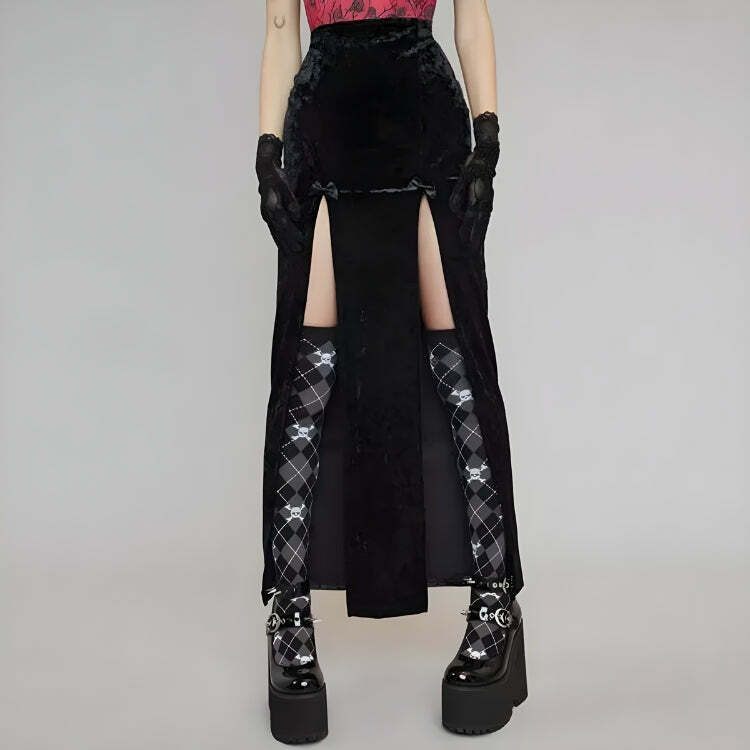 Goth Velvet High Split Midi Skirt - Y2K Aesthetic Clothing Essential