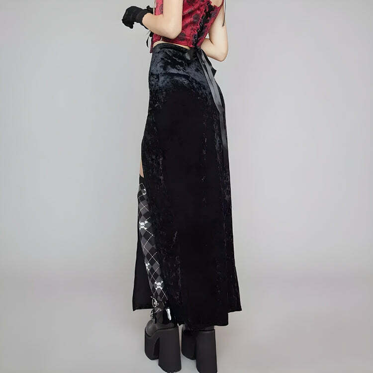 Goth Velvet High Split Midi Skirt - Y2K Aesthetic Clothing Essential