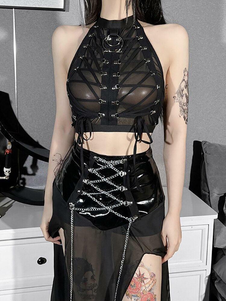 Gothic Backless Halter Top - Y2K Aesthetic Clothing for Unique Styles