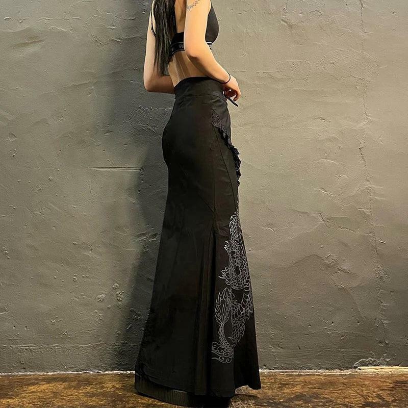 Gothic Dragon Print Maxi Skirt - Y2K Aesthetic Clothing for Unique Styles