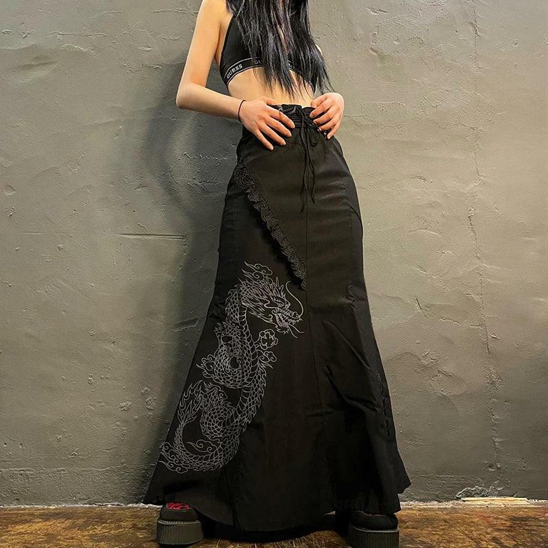 Gothic Dragon Print Maxi Skirt - Y2K Aesthetic Clothing for Unique Styles