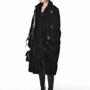 Gothic Faux Fur Fluffy Long Jacket - Y2K Aesthetic Coquette Style Outerwear