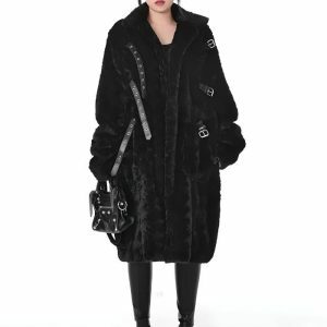 Gothic Faux Fur Fluffy Long Jacket - Y2K Aesthetic Coquette Style Outerwear