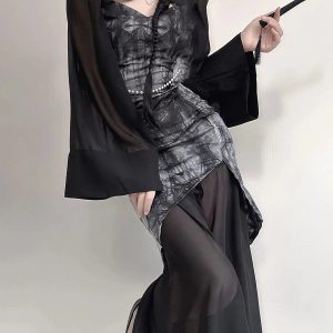 Gothic Wide Sleeve Qipao Midi Dress - Y2K Aesthetic Fashion Statement