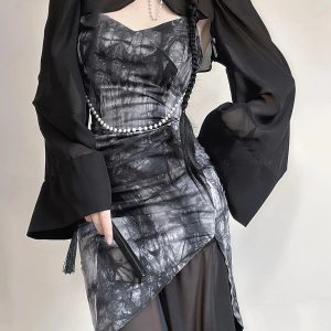 Gothic Wide Sleeve Qipao Midi Dress - Y2K Aesthetic Fashion Statement