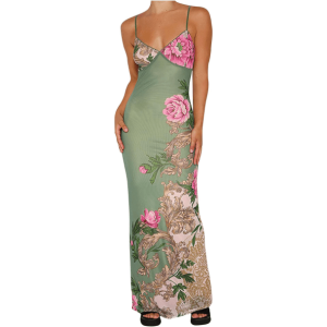 Green Floral Bodycon Dress - Y2K Aesthetic Coquette Style Outfit