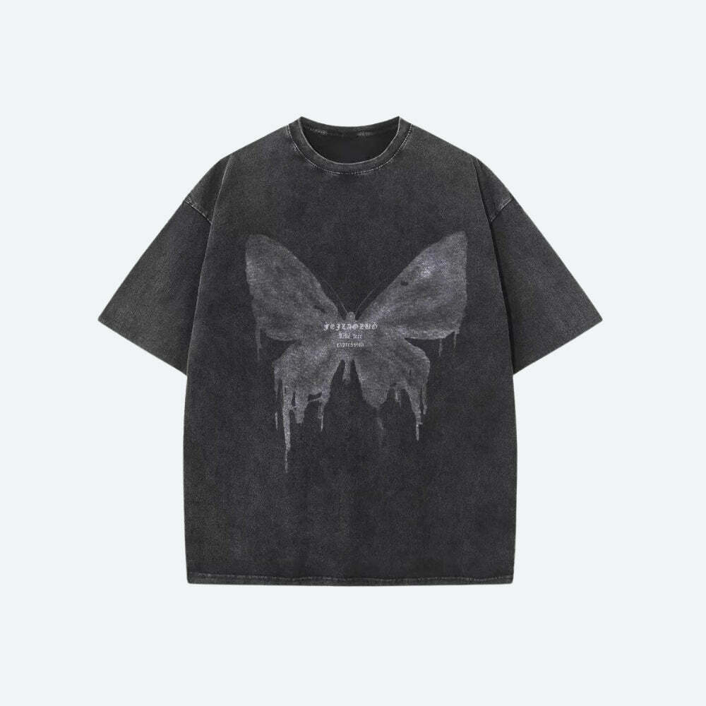 Grunge Distressed Butterfly Tee - Y2K Aesthetic Clothing for Unique Styles