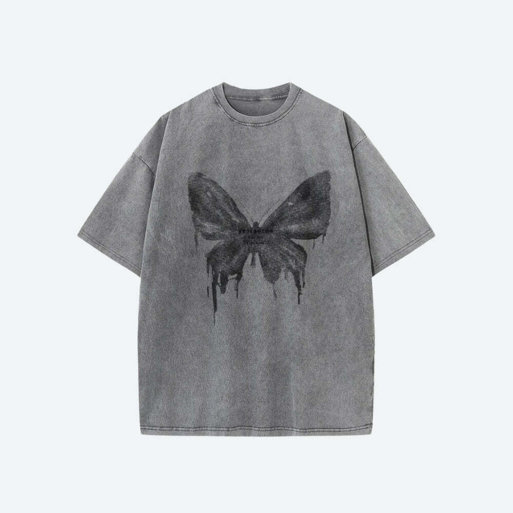 Grunge Distressed Butterfly Tee - Y2K Aesthetic Clothing for Unique Styles