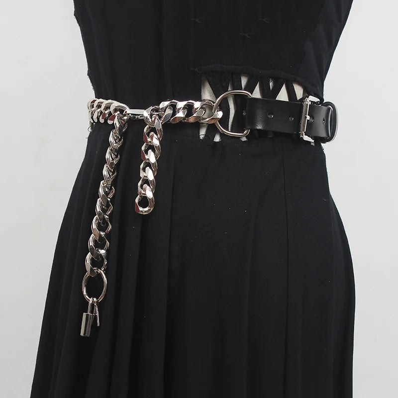 Grunge Lock Faux Leather Chain Belt - Y2K Aesthetic & Coquette Style