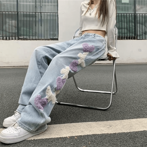 Heart Patchwork Straight Leg Jeans - Y2K Aesthetic Clothing for Trendy Styles