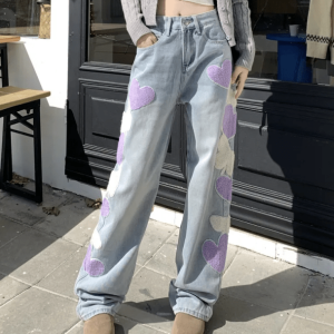 Heart Patchwork Straight Leg Jeans - Y2K Aesthetic Clothing for Trendy Styles