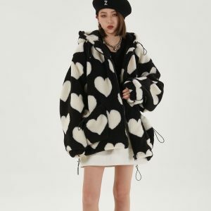 Heart Pattern Hooded Jacket - Y2K Aesthetic Coquette Style Outerwear