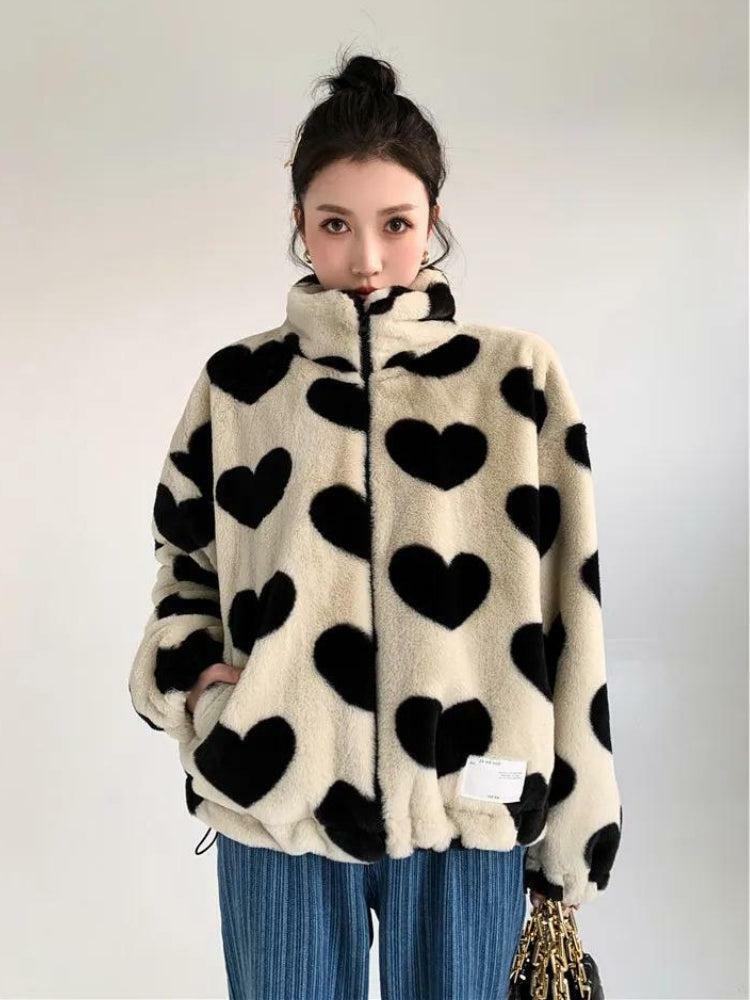 Heart Pattern Teddy Jacket - Y2K Coquette Aesthetic Outerwear