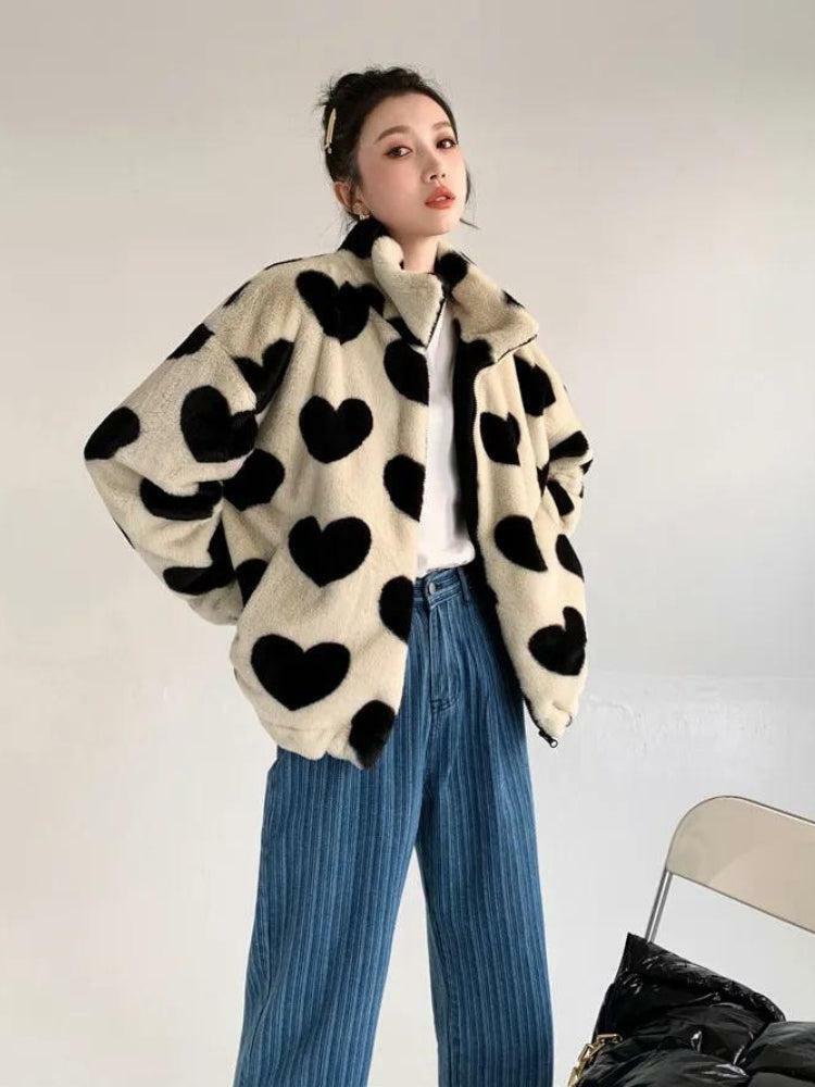 Heart Pattern Teddy Jacket - Y2K Coquette Aesthetic Outerwear